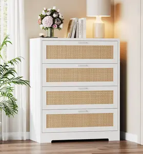 4 Drawer Dresser for Bedroom, Rattan Chest of Dressers, Modern Wood Tall Dresser with Power Outlets, Drawer Organizer Unit with Metal Handle for Living Room Closet Hallway Entryway, White