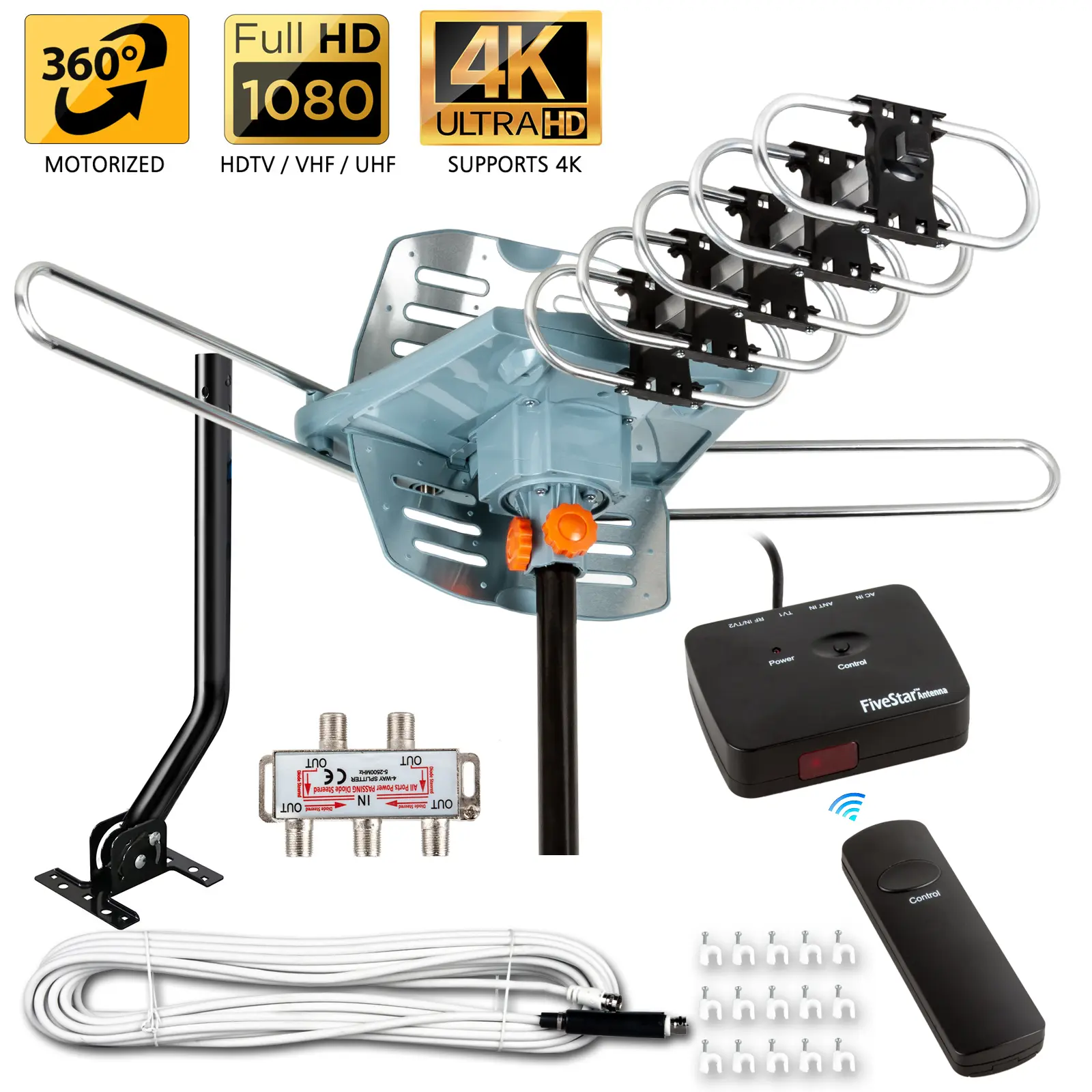 Five Star Motorized Outdoor TV Antenna 360° Rotation, 4K/1080P, 150 Mile Range, UHF/VHF/FM + Remote, 40 FT RG6 Cable for 2-5 TVs, Accessories, Splitter