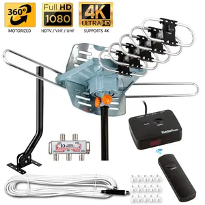 Five Star Motorized Outdoor TV Antenna 360° Rotation, 4K/1080P, 150 Mile Range, UHF/VHF/FM + Remote, 40 FT RG6 Cable for 2-5 TVs