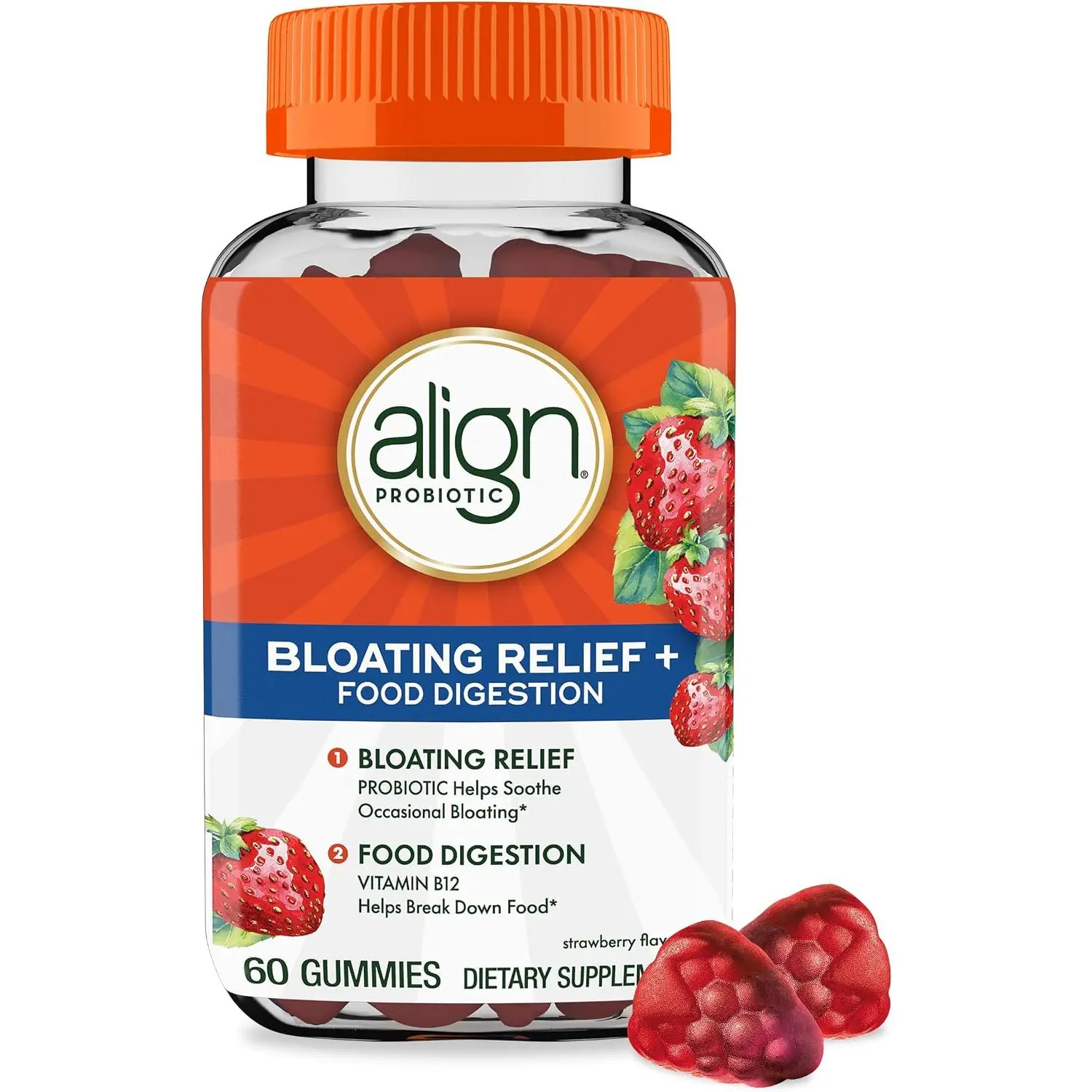 Align Probiotic, Bloating Relief + Food Digestion, Probiotics for Women and Men, Probiotic Helps Soothe Occasional Bloating*, With Vitamin B12 to Help Break Down Food into Cellular Energy*,60 Gummies