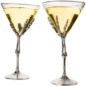 Stemmed Skeleton Martini Glasses Set of 2 – 9" Gothic Skeleton Hand Cocktail Glasses – Spooky Halloween Barware for Drinks, Wine & Martinis – Goth Party Decorations, Skeleton Gifts & Unique Glass Set
