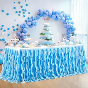 Magical Ocean Blue Tulle Fabric Table Skirt with Curly Ruffles, Multi-Size Rectangle Curly Willow Table Skirting for Under the Sea Baby Shower Party Decor,summervibes
