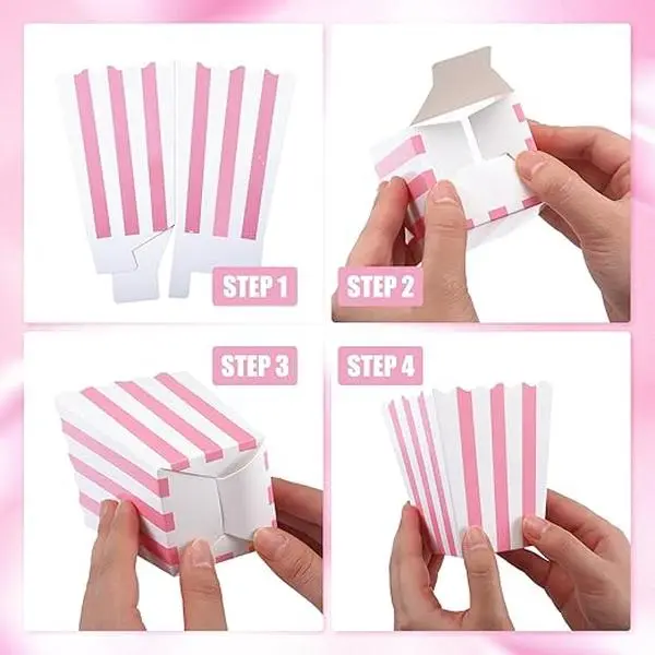 48 Pack Pastel Pink Popcorn Boxes – Small and Large Pink & White Striped Paper Popcorn Bags, Candy and Snack Containers, Birthday Party Favor Supplies for Movie Nights, Baby Showers, and Carnival Themed Events