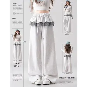 Plaid Patchwork Wide Leg Pants Women Spring Autumn Lace Korea Y2K Pull Strap Cotton Lace High Waisted Breathable Sweatpants New