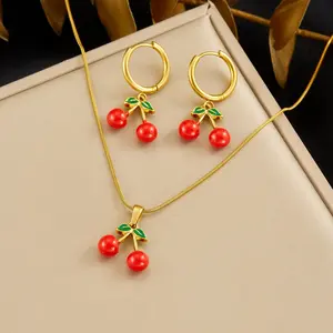 Fashionable And Sweet Oil-Drip Cherry Pendant Gold-Plated Stainless Steel Fruit Necklace And Earring Jewelry Set