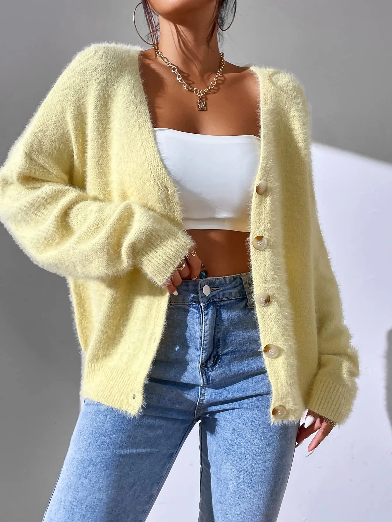 Women's Casual Fluffy Striped Cardigan Sweater, V-Neck Long Sleeve Button-Front Knitwear with Drop Shoulders, Sweaters, Fuzzy, Soft, Wrap Top, Full Sleeves, Casual Lounge, Loose Wrap, Loose-Fitting, Relaxed, Tops, Casual Wear