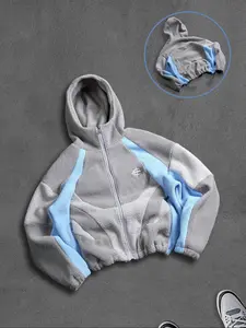 Men's Contrast Color Patchwork Zip Hoodie Jacket, Fall/winter Zipper Short Men's Hooded Sweatshirt, Shark Style Hooded Outerwear