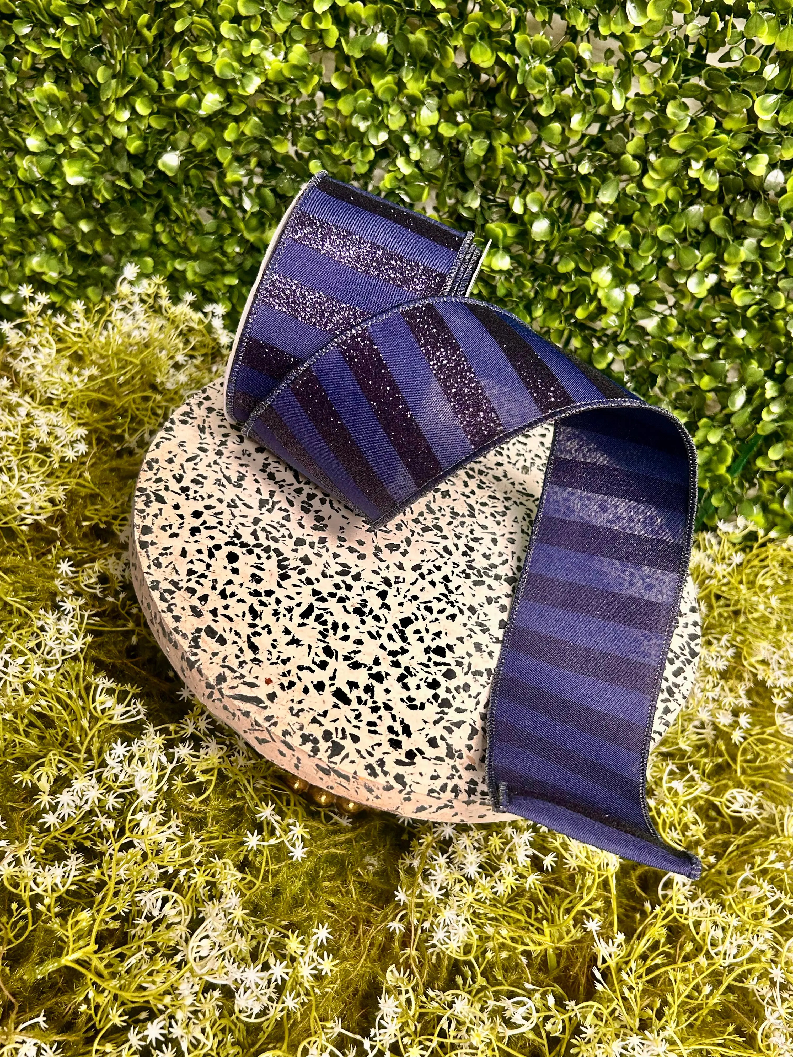 2.5 Inch By 10 Yard Navy Blue Horizontal Glitter Stripes Ribbon