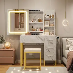 Gaomon Makeup Vanity Desk Set - Thick Wood Vanity with Mirror, LED Lights (3 Lighting Colors), Power Outlets, Cushioned Chair, Hairdryer Holder, 4 Drawers, Multi-Shelf Storage (5 Shelves) for Bedroom