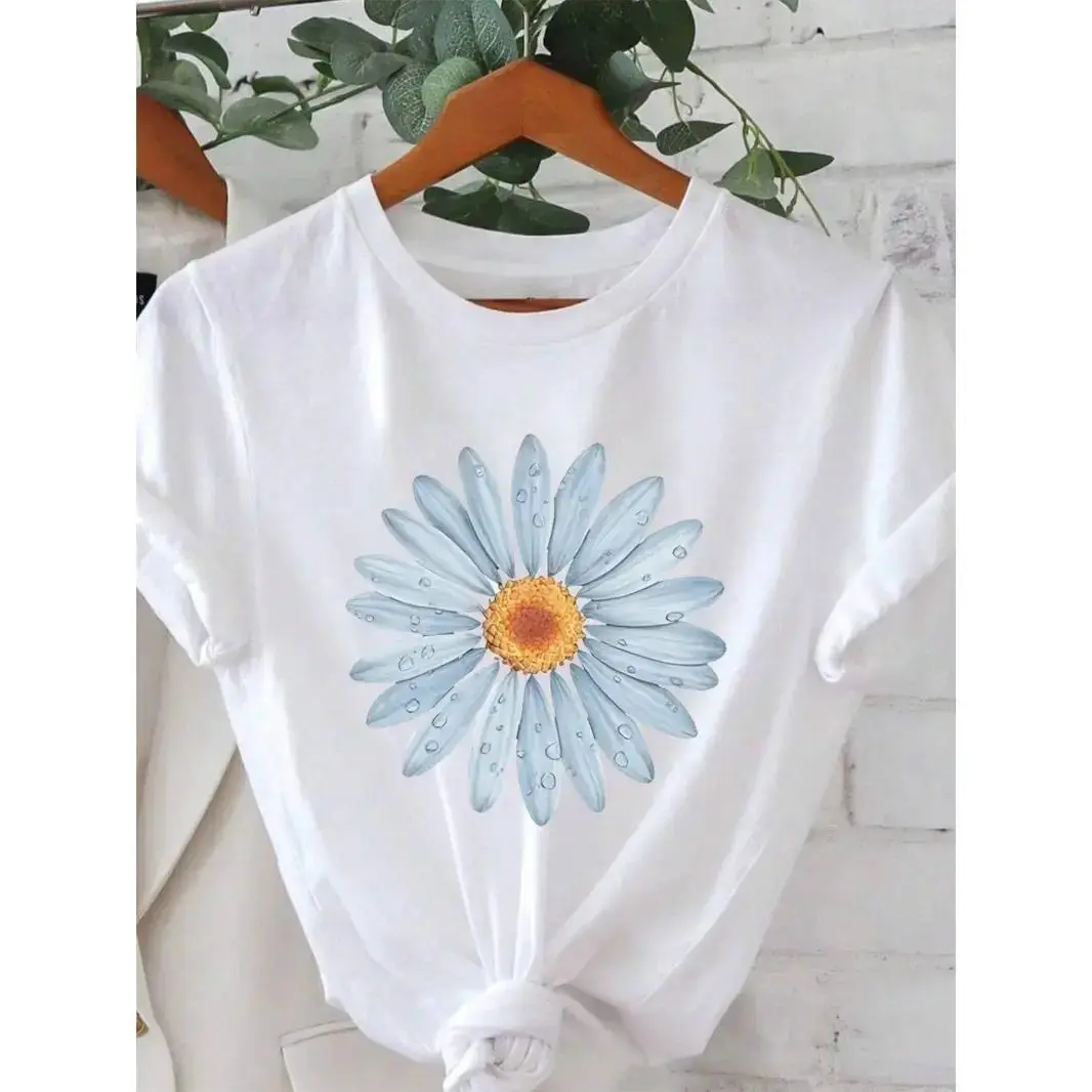 Womens  Short Sleeve Graphic Tee BlueDaisy Flower Print Crewneck Casual Summer TopSoft Breathable Lightweight Everyday VacationBeach Streetwear