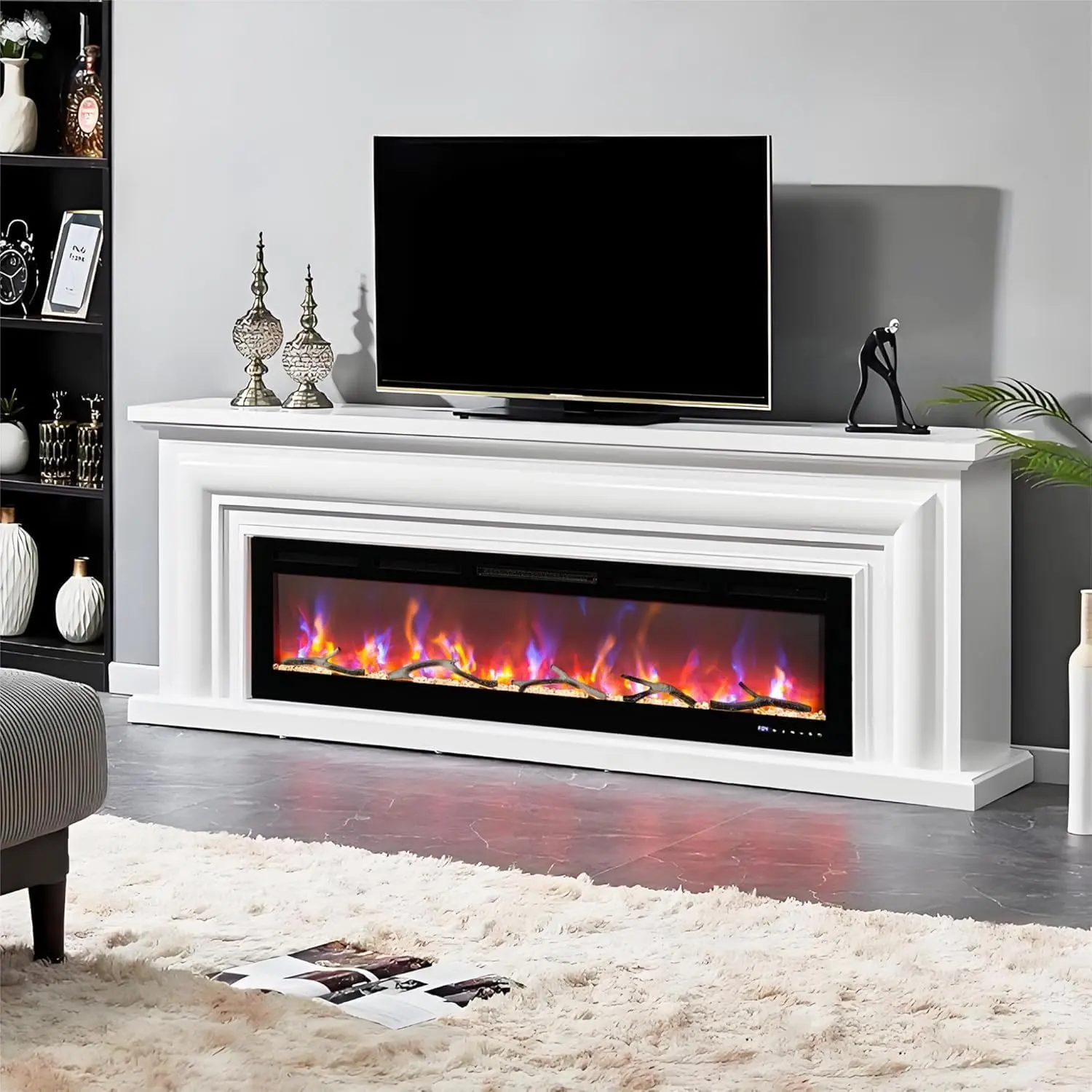 60-Inch Built-in Electric Fireplace, Wall-Mounted Heater, Voice-Activated Smart Control, 12 Flame Flicker Effects/Remote Control/Brightness Adjustment, Low Noise, Suitable for Bedrooms & Living Rooms