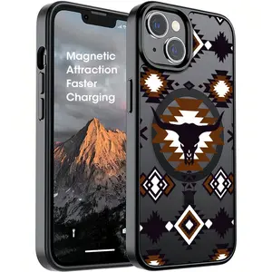 Dark Gray Navajo Ethnic Pattern Magnetic Phone Case with Longhorn Totem Print,With For Iphone17 Pro Max, 16, 15, 14 ,13,12And 16Plus. It Makes A Perfect Gift For Birthdays, Holidays