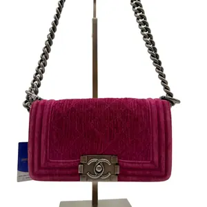 Pre-owned CHANEL Boy Bag Burgundy Velvet Quilted Silver Chain Shoulder Crossbody Designer Purse