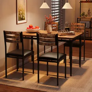 5Pcs Industrial Dining Table Set, Space-Saving Wood & Metal Dinner Table with 4 Chairs, Sturdy Compact Kitchen Furniture for Apartment Home
