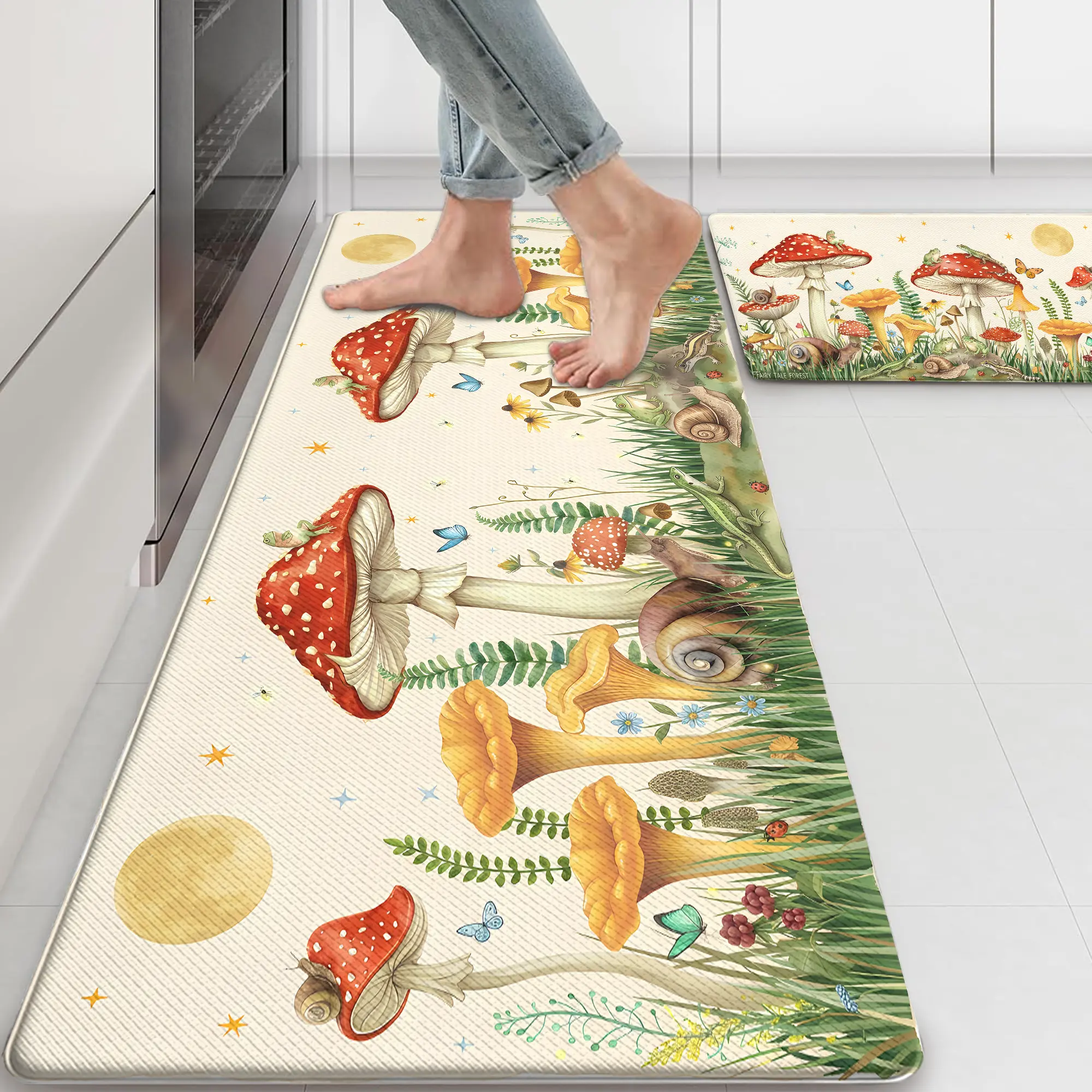 Kitchen Rug Mats for Floor Cushioned Anti Fatigue Garden Mushroom Kitchen Rugs Sets of 2 Non Slip Waterproof Comfort Memory Foam Standing Floor Mat for Laundry Sink Desk