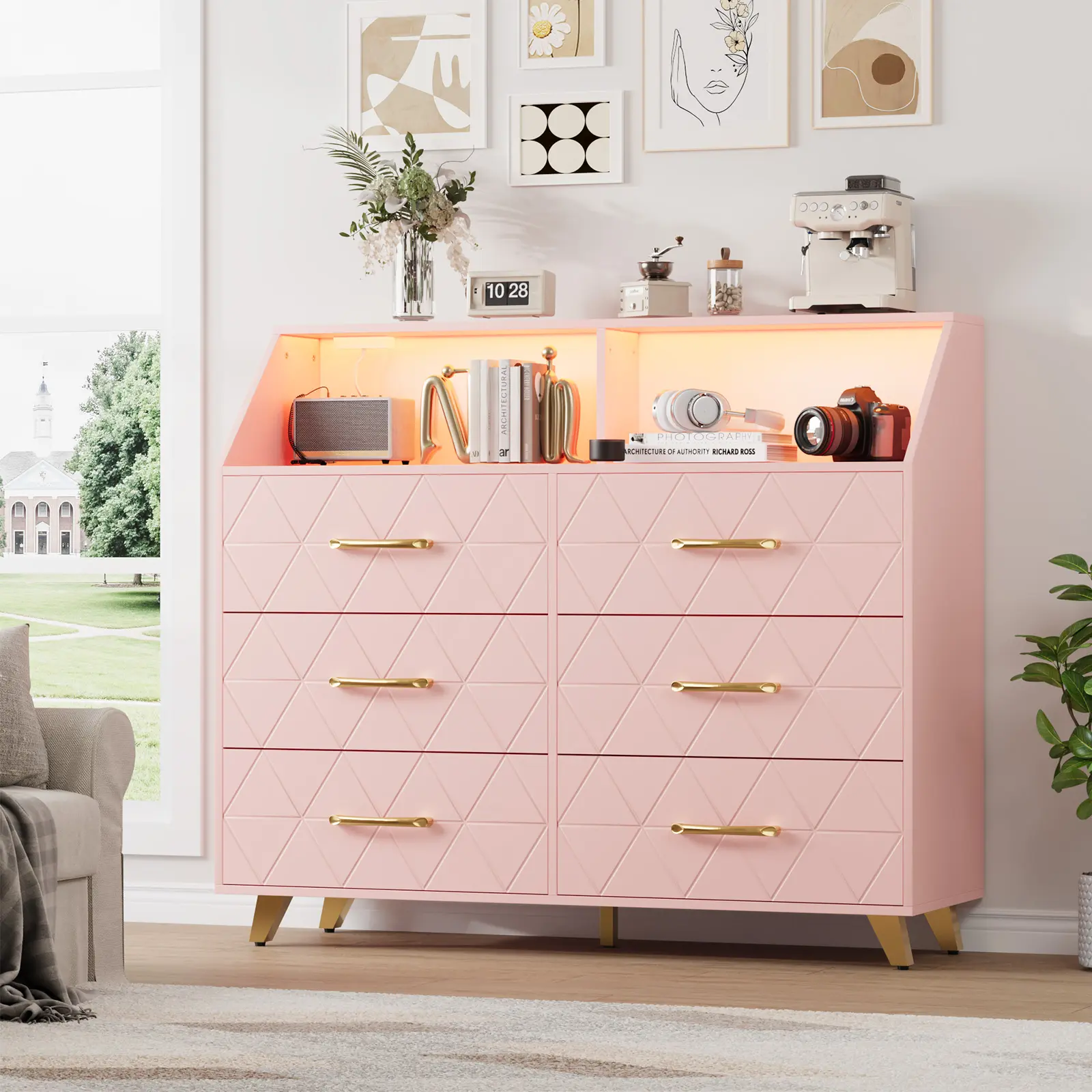 Garvee 47" Modern 6-Drawer Chest with LED Lighting, Charging Station and Storage Shelf – Wooden Chest with 5 Metal Legs for Bedroom and Living Room