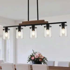 5-Light Dining Room Light Fixture Over Table, Farmhouse Kitchen Island Lighting, Linear Modern Rustic Wood Chandelier with Clear Glass Shades, Adjustable Height