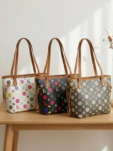 Women's Large Capacity Casual Tote Bag, Full-Print Design, Dual Handles, Zipper Closure, Suitable for Commuting & Travel, Cute Cartoon Pattern, Storage Tote Bag