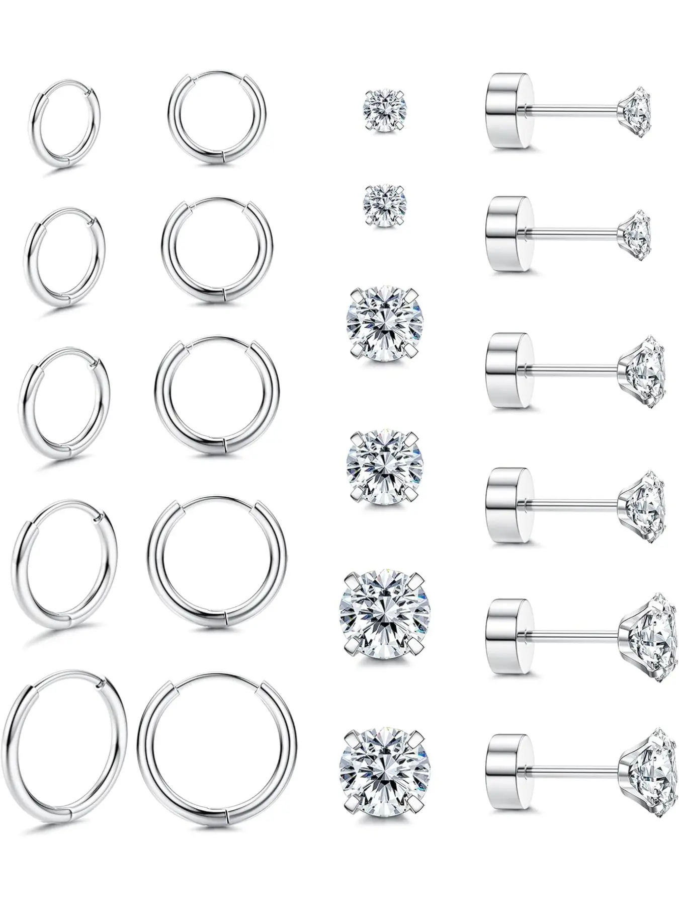 11 Pairs Earrings Silver Creole Creole Earrings Small For Women Round Zirconia Ball Helix Piercings 14K Gold Plated Medical Earrings For Girls Silver C Studs Earrings Earrings Jewelry