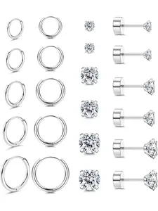 11 Pairs Earrings Silver Creole Creole Earrings Small For Women Round Zirconia Ball Helix Piercings 14K Gold Plated Medical Earrings For Girls Silver C