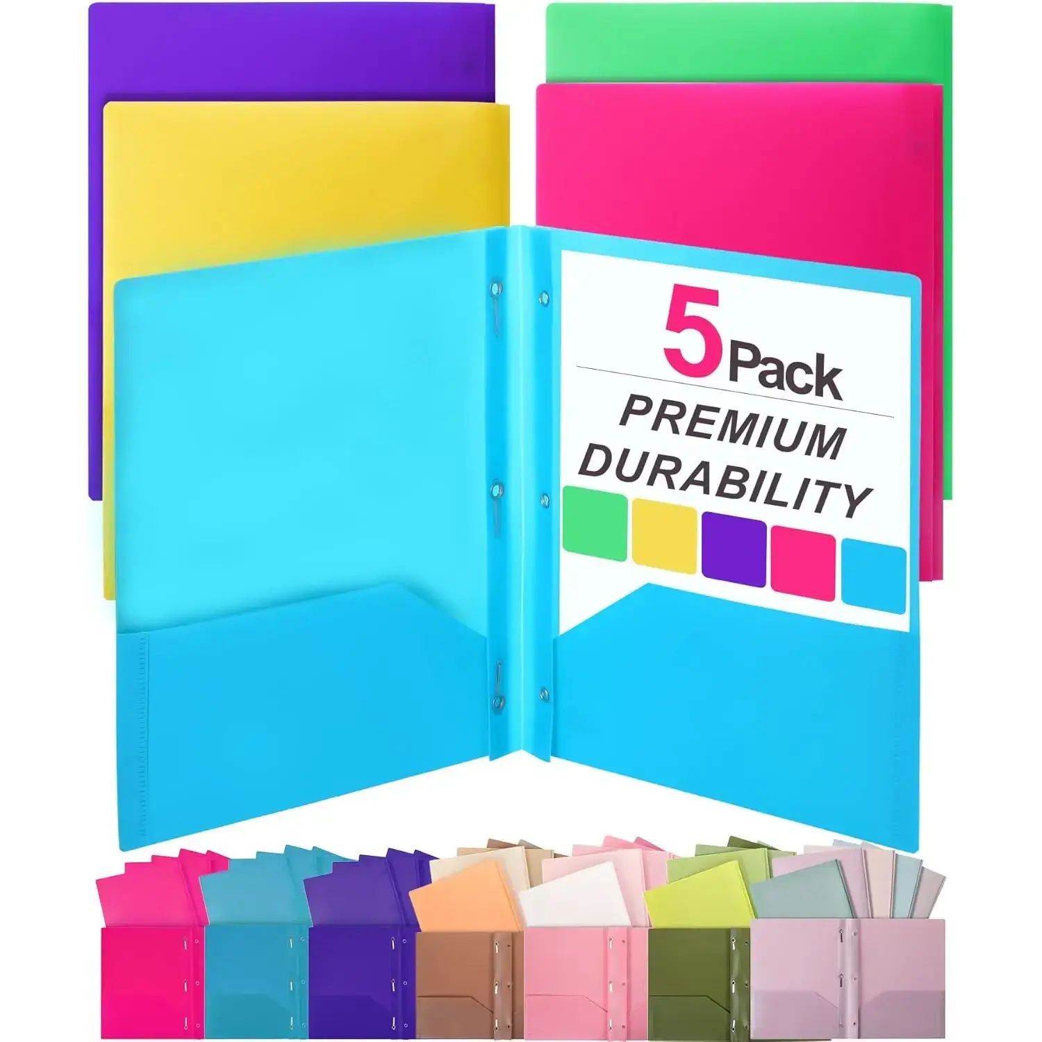 Plastic File Folders with Pockets and Prongs, 5 Pack, Letter Size, Flexible Paper Folders with Pockets