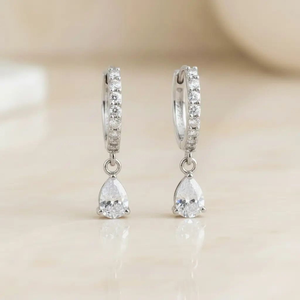 Silver Pear Cut Diamond Huggie Hoops Earrings | Elegant Silver Jewelry | Contemporary Style | Gift-Ready