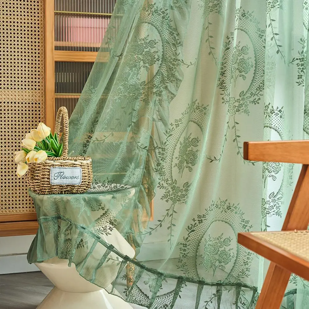 Vintage Floral Embroidered Curtain, 1 Count Semi-Transparent Window Curtain with Ruffles, Semi Sheer Curtain, Window Drapes Window Hanging for Home Decor, Home Decoration Curtain, Home Decorative Curtain