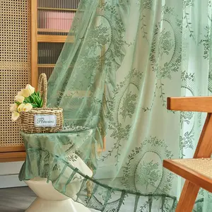 Vintage Floral Embroidered Curtain, 1 Count Semi-Transparent Window Curtain with Ruffles, Window Drapes for Home Living Room and Bedroom Decor, Home Decoration Curtain