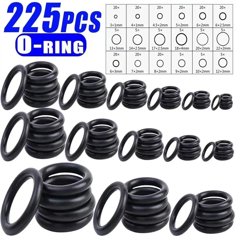 225 Piece O-Ring Sealing Gasket Set, Oil Resistant Waterproof Rubber Seal, Industrial Hardware Parts, Various Sizes, for Cars, Machinery, Fuel Systems
