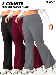 3pcs Set Women's Plus Size Bell-Bottom Miracle Pants - Solid-Color Tummy Control Wide-Leg Flare Pants, Elegant for all-Season Wear, Casual/Formal Outfits & Year-Round, Slight Flare And Pockets, Designed for High Stretch, High-Waisted Pants with Pockets