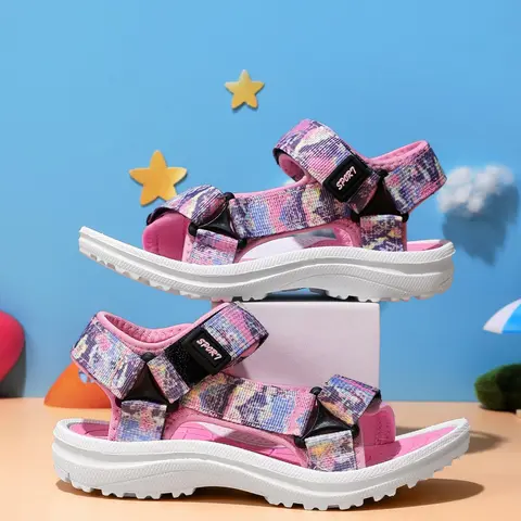 Girls' Summer Beach Strapy Open Toe Two Strap Double Buckle Sandals with Dual Buckle Design, Sporty Style, Textile Material, Eva Sole, Anti-Slip, Durable, Reusable, Strappy Sandal