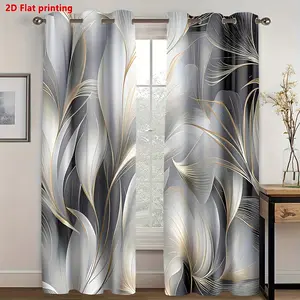 2D Flat - 2D Flat - Set of Two, Flat Printed Curtains Featuring a Geometric Design with Golden And Silvery Leaf Patterns.They Come with Pre-Drilled Holes for Easy Installation, Made from Polyester Material That Softly Filters Light