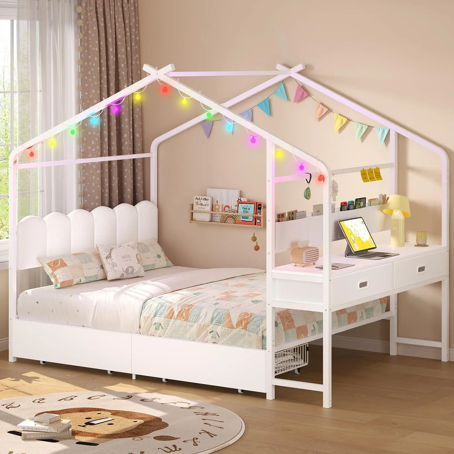 ADORNEVE Full Kids Bed with 4 Storage Drawers and Side Desk House Bed