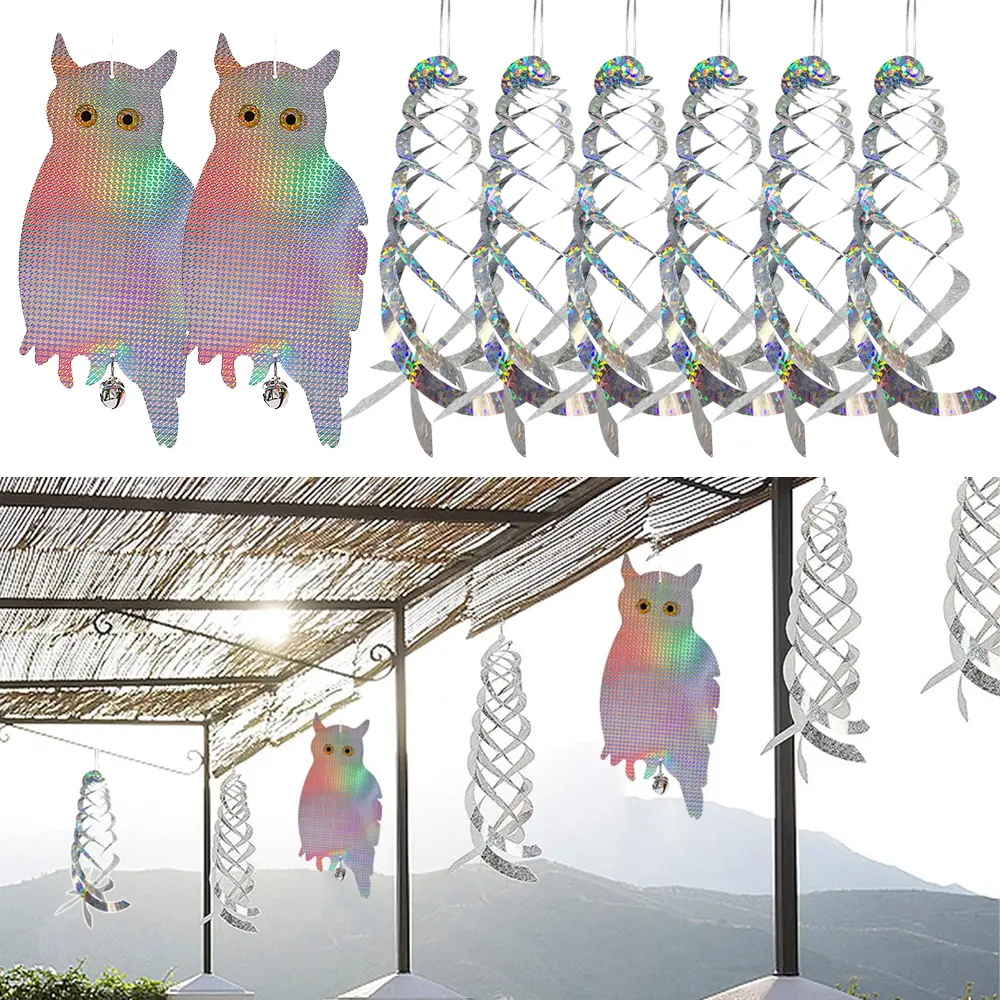 HOMEYA 2/4 Pack Reflective Bird Repellent Scare Owl with Bells + 6 Pack Reflective Spiral Reflectors, Easy To Hang & Birds Away from Your Garden, Windows & Yard