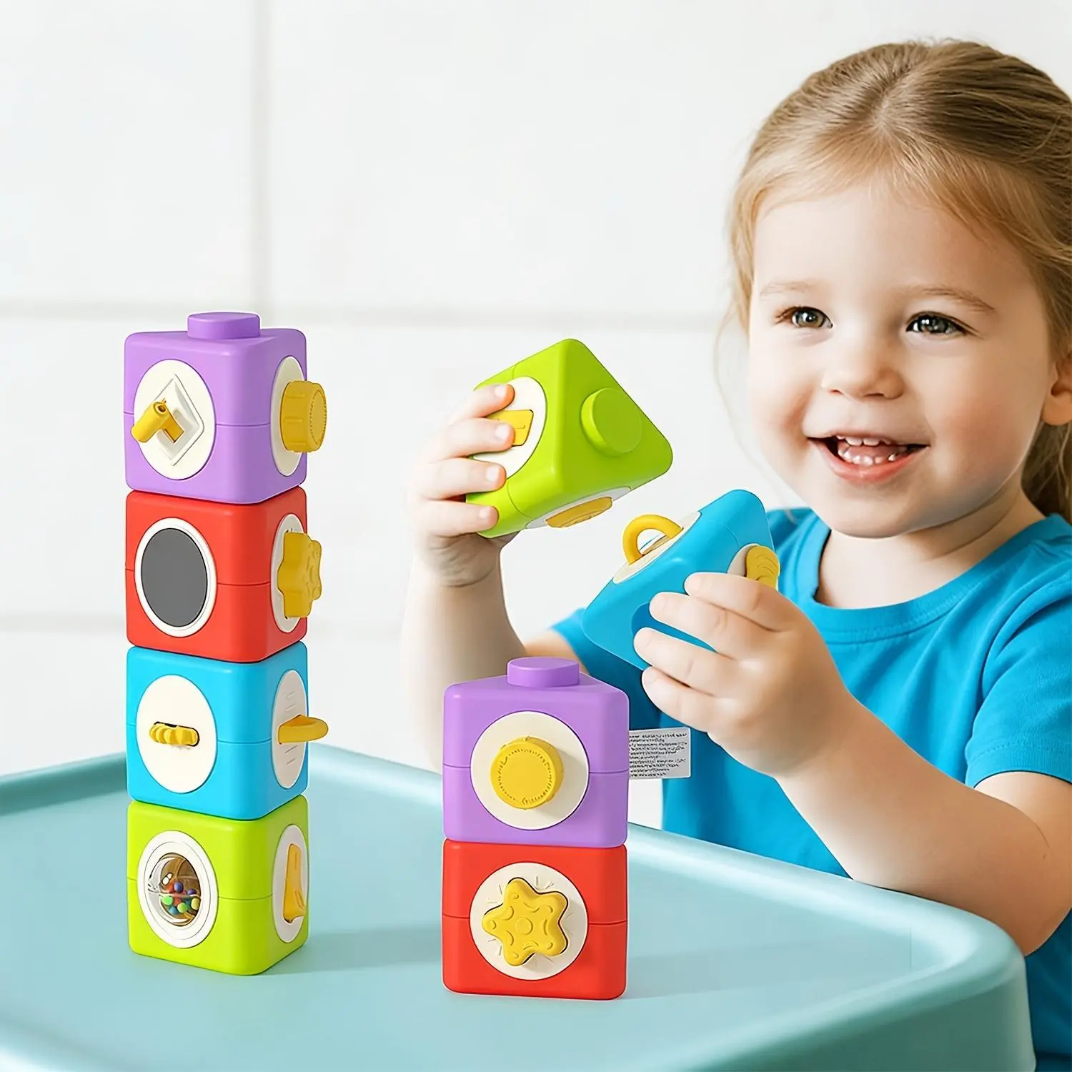 Busy Stack-Up Sensory Stacking Cubes - Unisex Sensory Play Set, Shape Sorter, Toddler Fidget Blocks for Fine Motor Skills, Ages 1+ Baby Early Learning Gifts