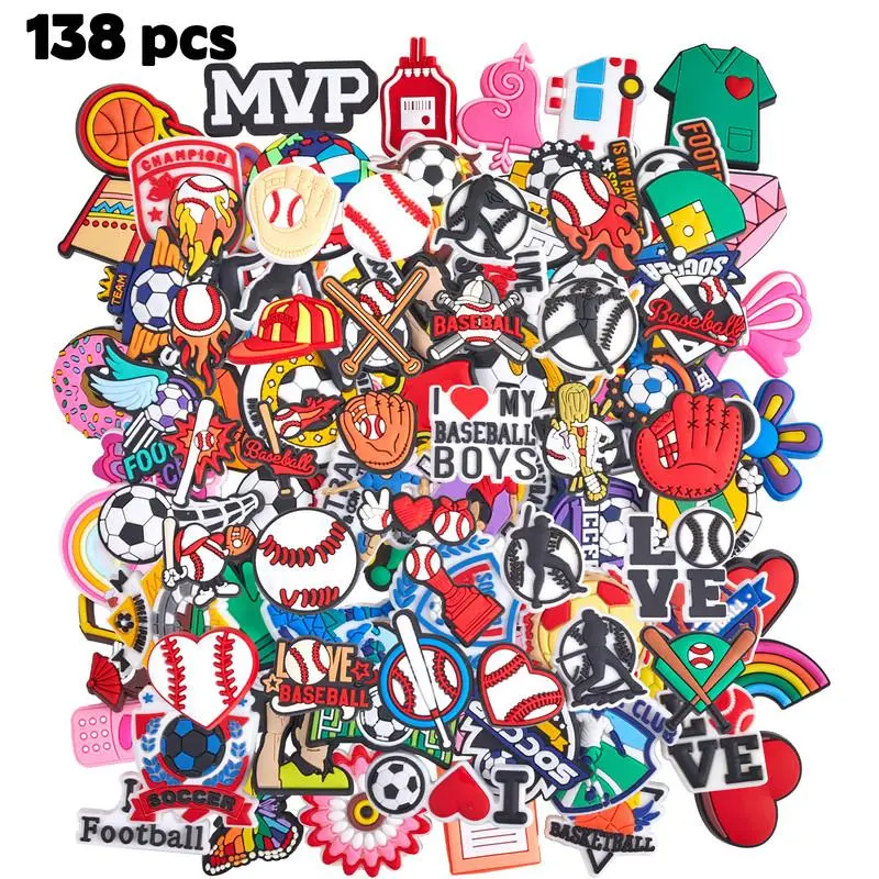 138PCS PVC Sports Shoe Decor Charms, Mixed Styles Footwear Accessories - 56 New Soccer, 50 Random, 32 Black Baseball, Cartoon Ball Athlete Glove Trophy Letter - Waterproof, for Sandals Wristbands Bracelets DIY Crafts, Gifts for Sports Fans