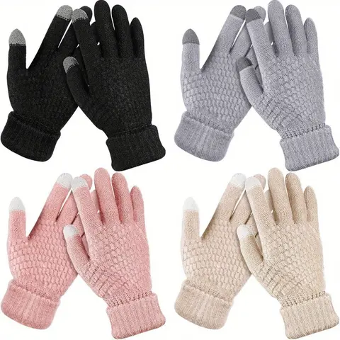 Women's 4pcs Finger-Friendly Heat Insulation Multi-Layer Thick Fashion Touchscreen Gloves - Korean-Inspired Casual, Fleece-Lined, Soft, Elastic Cuffs, Durable, Ideal for Daily Wear, Cycling & Skiing, Female
