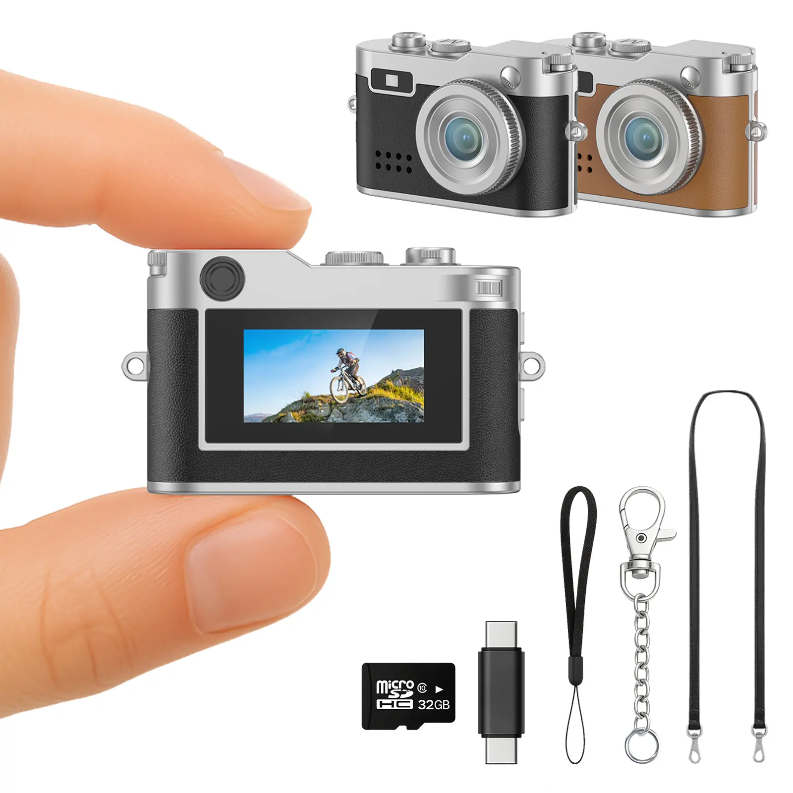 Mini Keychain Digital Camera 1080P HD Retro Leather with 32GB Card Built-in Flash 6 Filters OTG Adapter Lanyard Compact Micro Video Recorder for Travel Teens Students Birthday Christmas Gifts Girls Boys Toy Portable Digicam Vlogging Vintage Black Sd