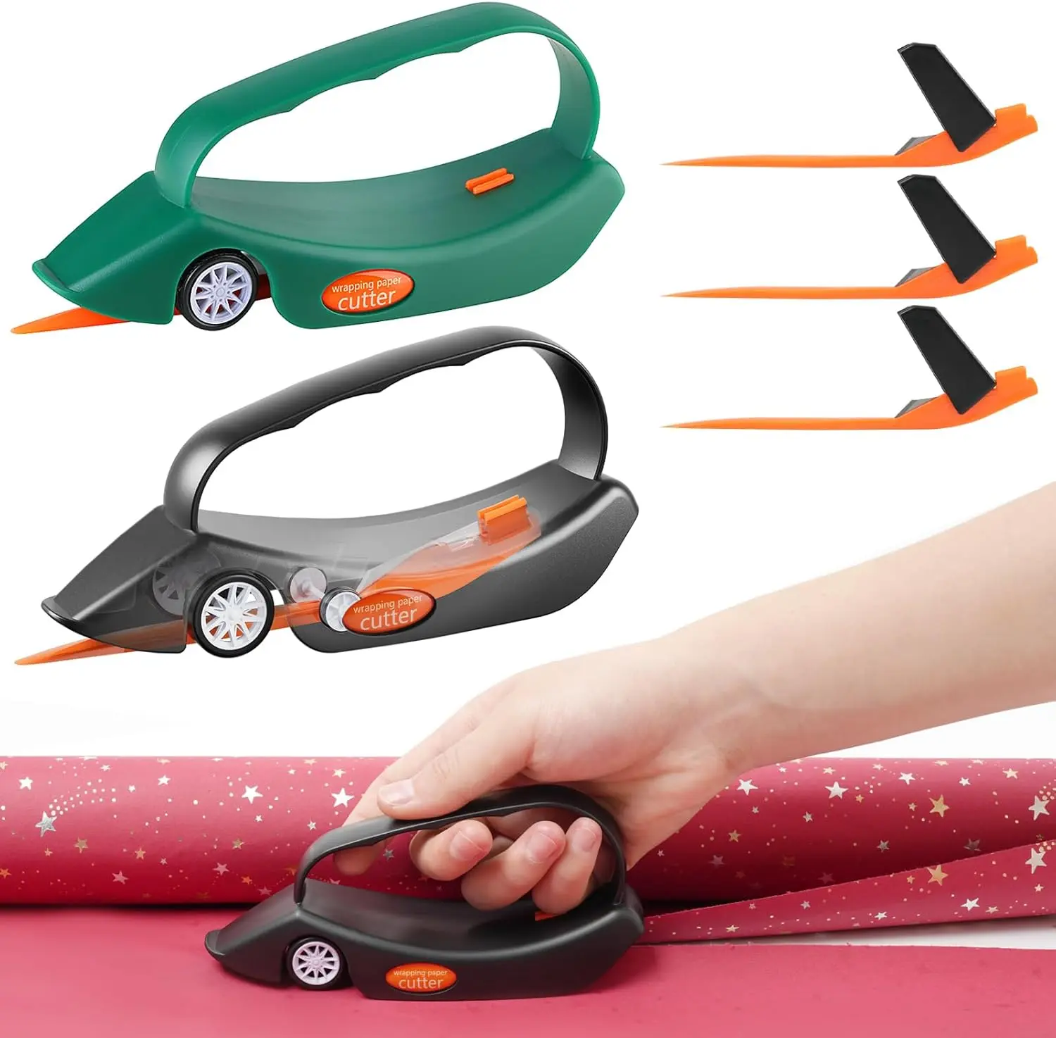 Sugoiti 2-Pack Wrapping Paper Cutter with 3 Replaceable Blades | New Gift Wrap Cutter with Wheels | Birthday and Christmas Wrapping Paper Cutter Slider for Home, Office or Classroom (Black & Green)