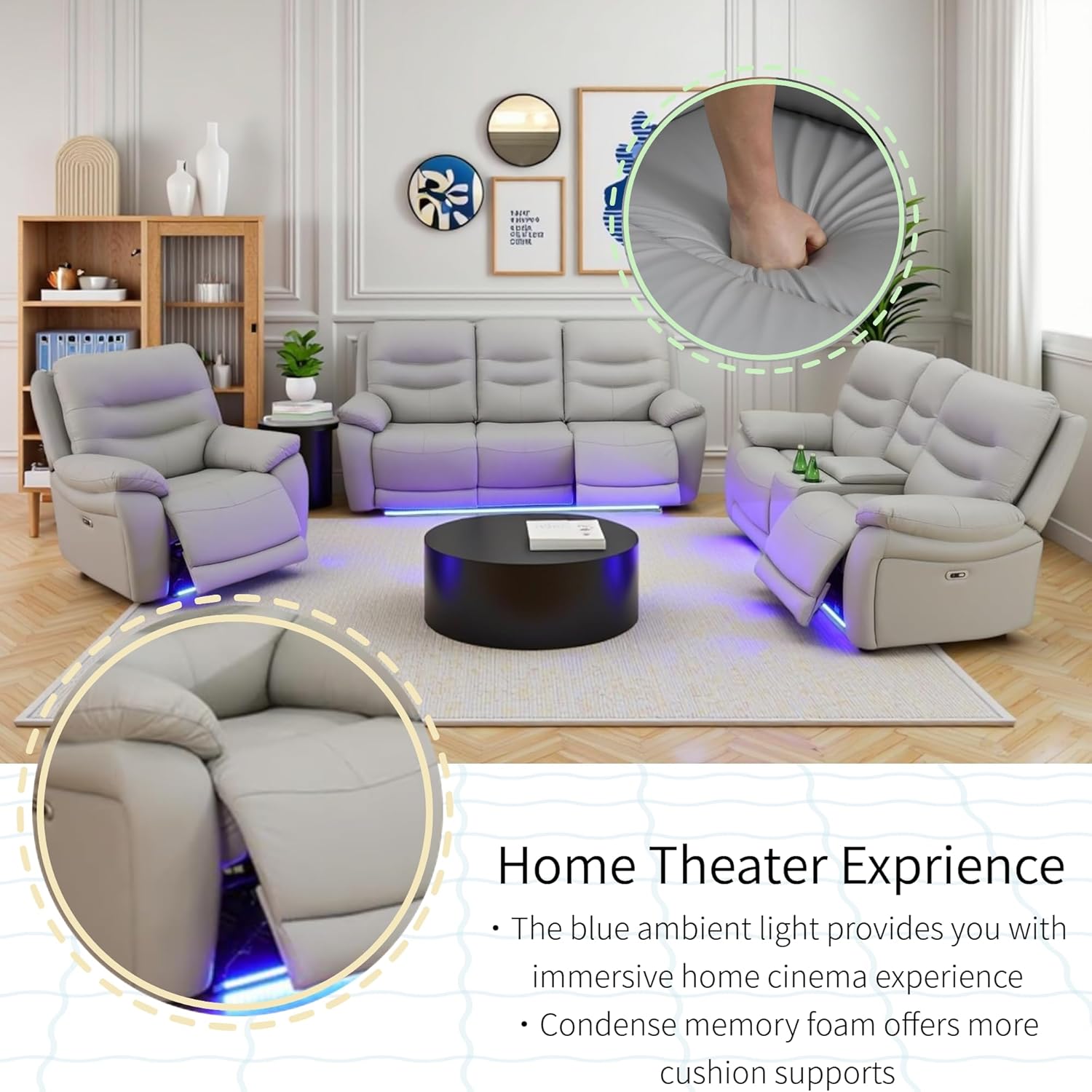 Leather Power Recliner Sofa Set with LED Lights, USB Ports, Storage Console & Cup Holders, Luxury Living Room Indoor Furniture (Sofa, Loveseat, Chair)