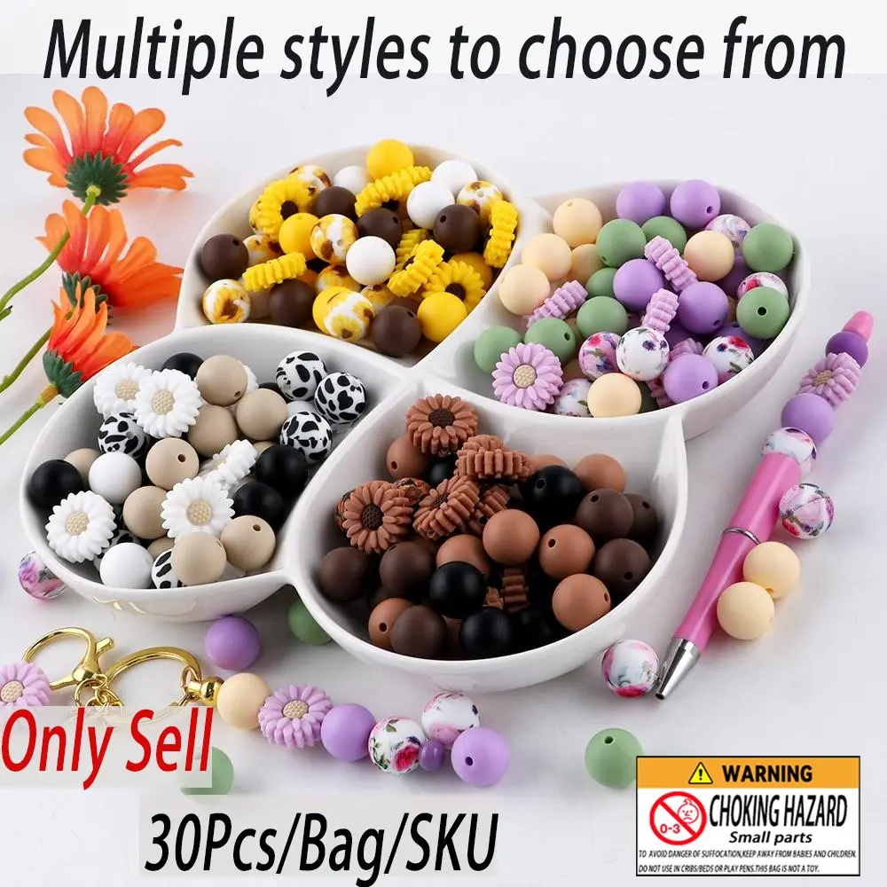30pcs silicone focal beads daisy silicone printed round beads solid color combination Diy Mixed Beads Diy Beading Accessories can be used for DIY bead pens, keychains, necklaces, bracelets, etc