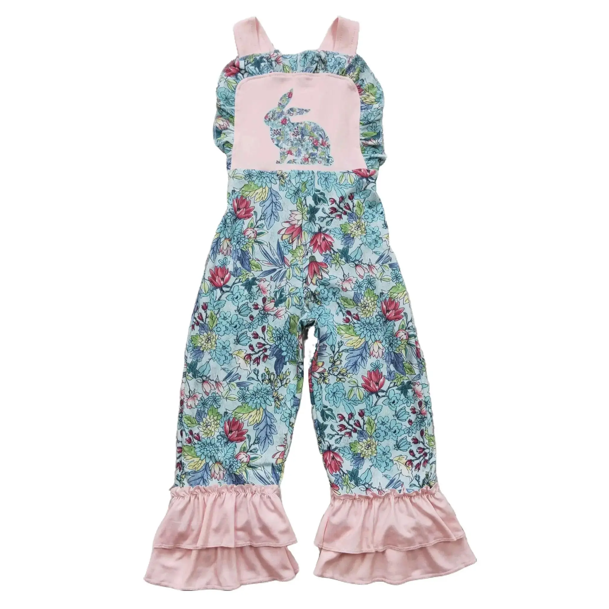 FS SR0164 Girls' Easter Floral Print Set, Rabbit Bunny Themed Spring Jumpsuit Overalls, Kids' Fashion Clothing