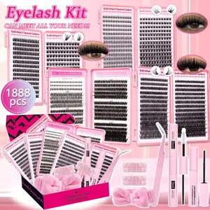 1888pcs Large Capacity Eyelash Cluster Set, DIY Mixed Lashes Kit, 30-100D&Wispy&Manga Lash Clusters Set with Bottom Lashes, Natural Long Lasting Waterproof False Eyelashes, Beginner Friendly, Includes Bond&Seal &Remove&Eyelash Tweezers, and headband