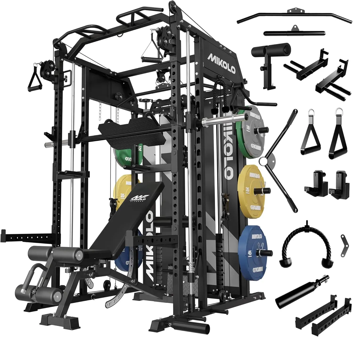 Mikolo Smith Machine with Weight Stack, Power Cage Home Gym System with LAT Pulldown & Cable Crossover, Multi-Functional Trainer with Dual Pulley System, Includes 10+ Free Attachments