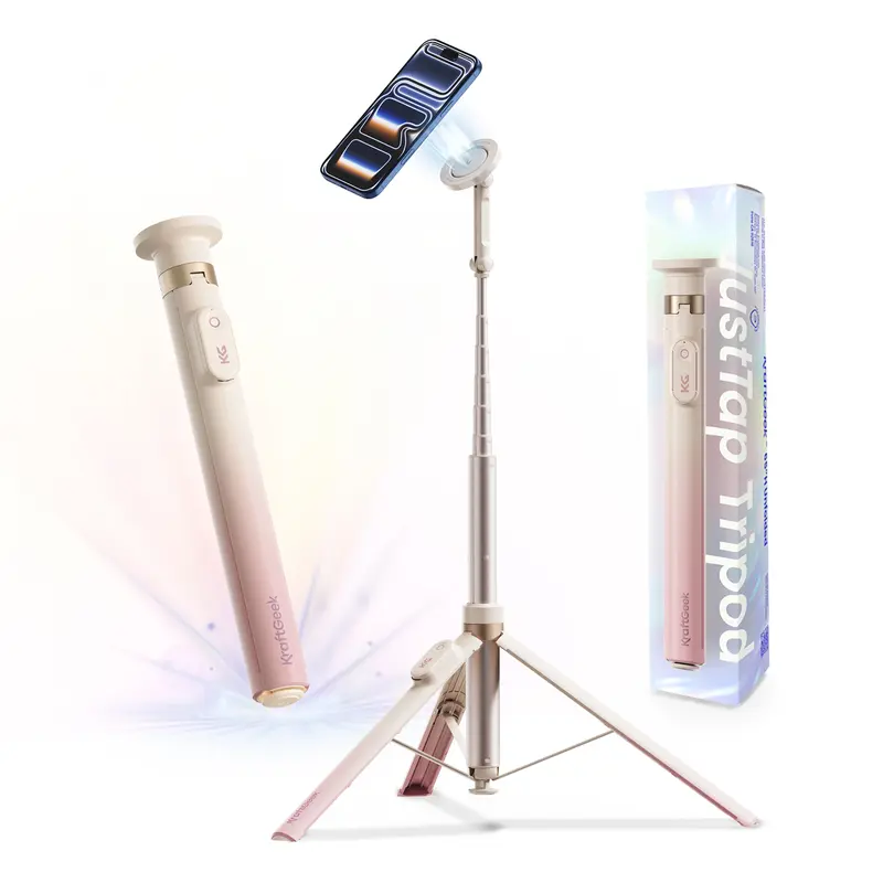 KraftGeek JustTap Ombré Peach 66-in Aluminium Cellphone Tripod Selfie Stick with Remote, Auto Open, Dual Axis Rotatable, Finger-Pinch-Free Design, MagSafe Compatibility (Tripod for iPhone 12-17, Pixel 10, MagSafe Cases & Metal Ring Mount Phones)