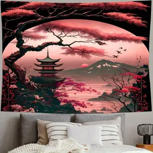 Japanese-Inspired Red Tapestry Wall Hanging - 78x59in, Mountain Lake Design, Polyester, Perfect for Living Room, Bedroom, Dorm Decor - Includes Easy Install Kit, Room Decor Gifts, Boyfriend Girlfriend, Free Installation Package