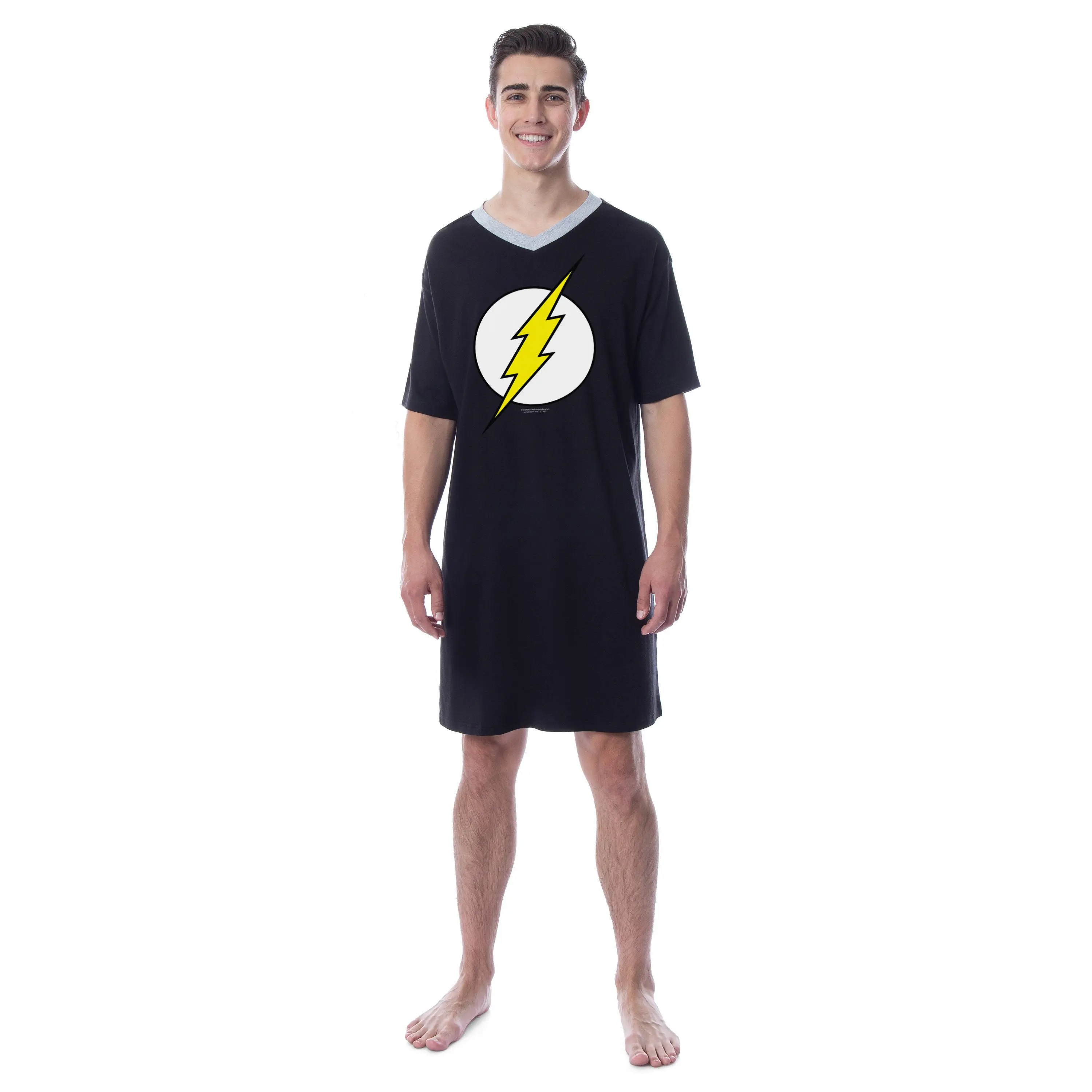 WB - Warner Bros Men's The Flash Logo Short-Sleeve Lace-Trimmed Soft Cotton-Blend V-Neck Pajama Sleep Shirt, Black Polyester-Blend Apparel for Casual Loungewear, Ideal for Fans, Classic