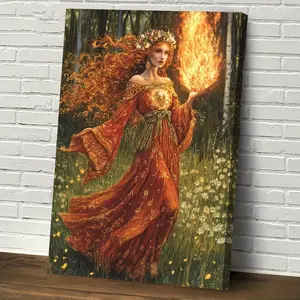 1 Piece Bridgid Celtic Fire and Spring Goddess Canvas Wall Art - 29.97cm x 39.88cm with Frame, Ready to Hang, Vibrant Red Hair and Gold Floral Design, Perfect for Bedroom and Living Room Decoration, 2D Flat, Ideal for Room Decoration
