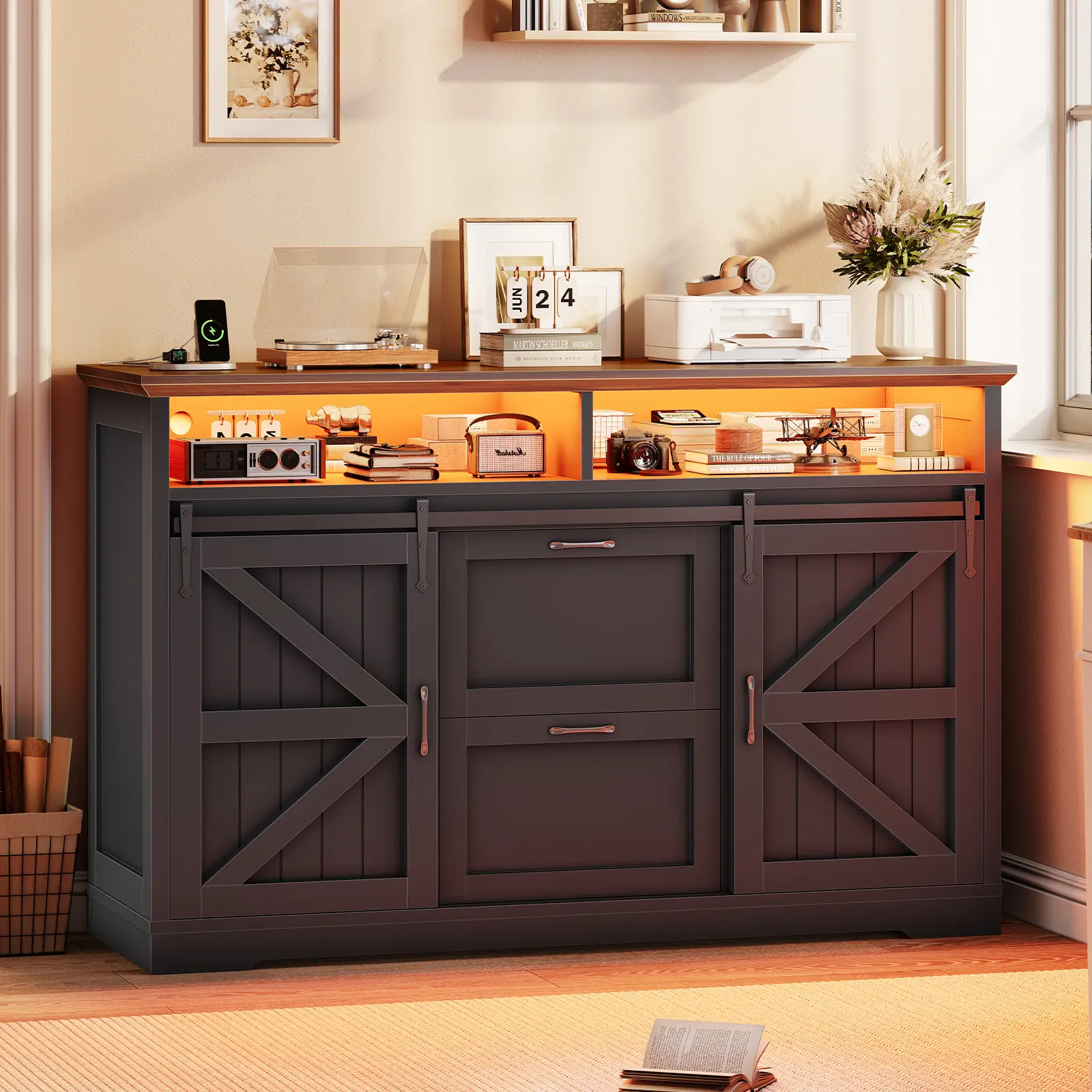 Sedeta 47.2" Durable Rustic Farmhouse Wood-Metal 2-Drawer Filing Cabinet - Commercial Office Furniture with Sliding Doors, Built-in Power Strip, LED Lighting, Printer Stand Storage, Legal File Fit, Assembly Required for Home Office, Sliding Door