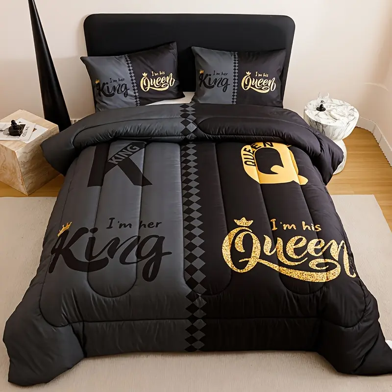 3pcs Breathable Soft Quilt Cover Set - Black Grey Color Blocking, Thick Crown Letter Design, 180gsm Quilting, Digital Printing, 1 Bed Comforter + 2 Pillowcases, Durable Machine Wash Bedding Set for Bedroom